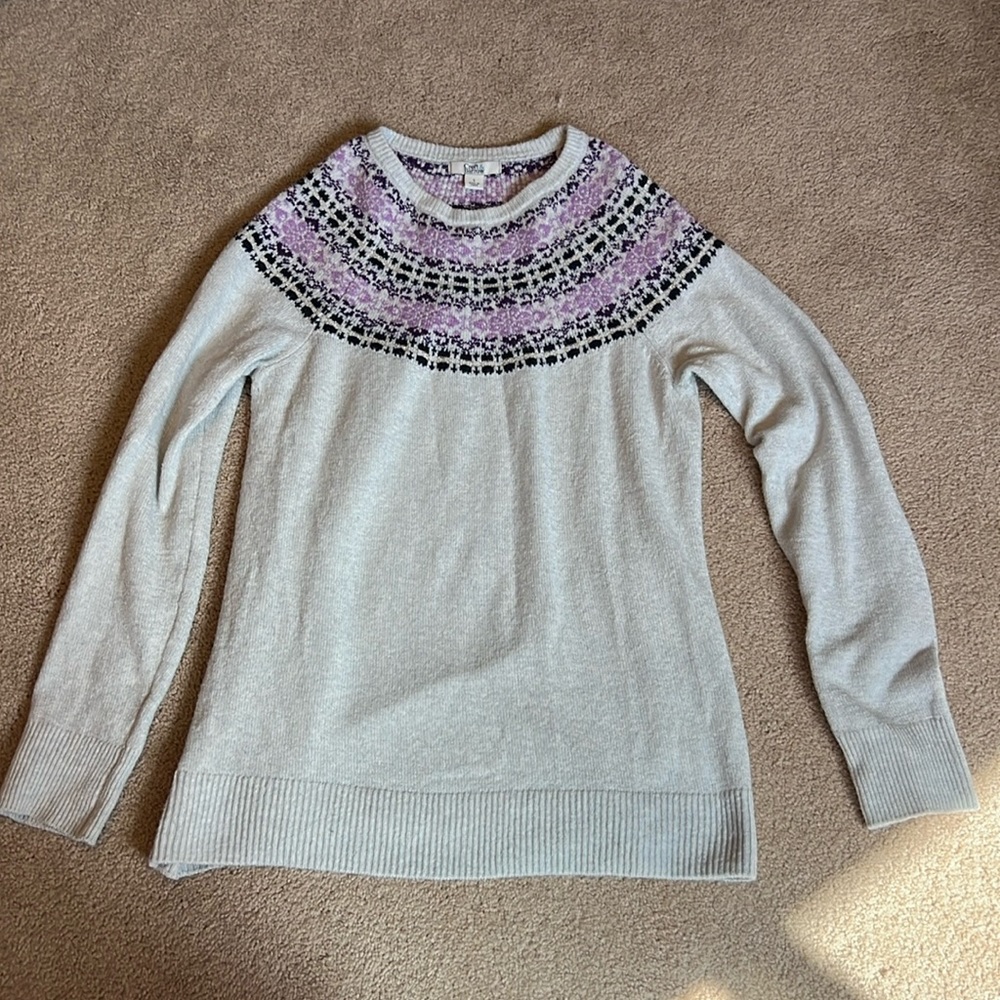 Croft & Barrie crew neck knit sweater, grey with purple/black detail at neck